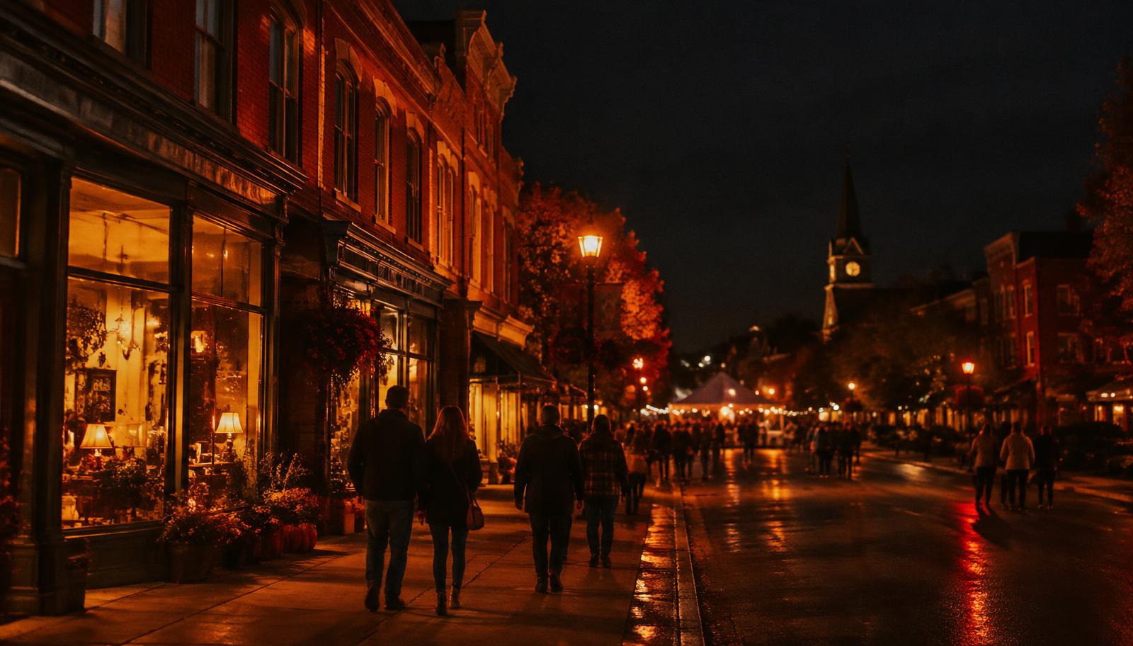 A downtown Ontario main street glowing at dusk