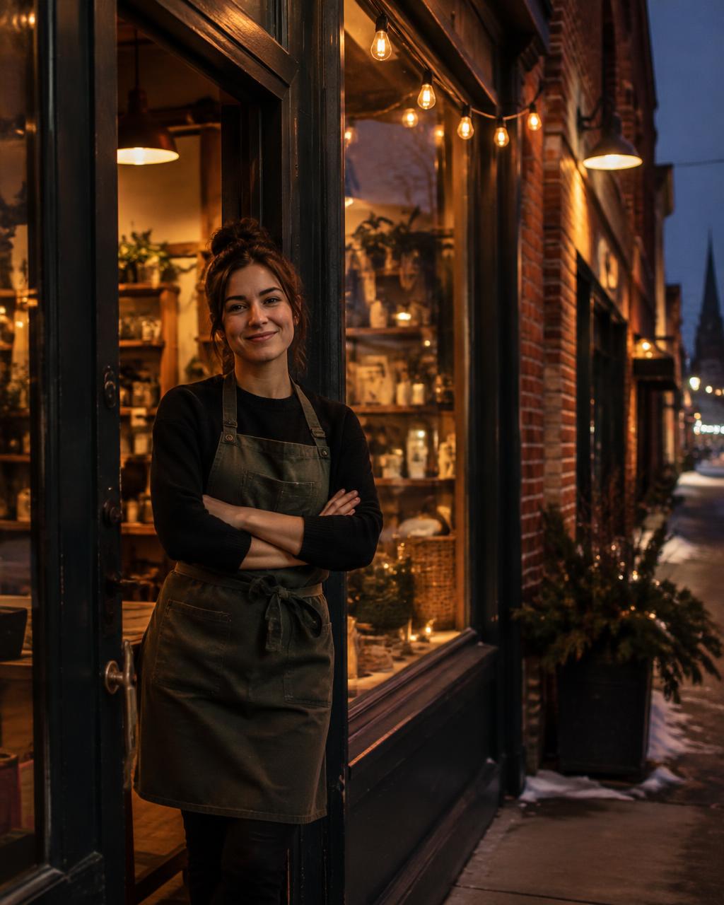 A local shop owner outside their storefront at night
