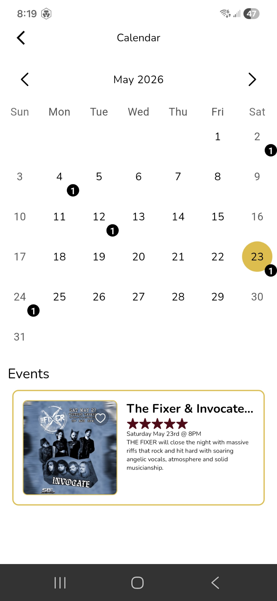 Downtown Timmins app calendar view with event indicators and a featured event