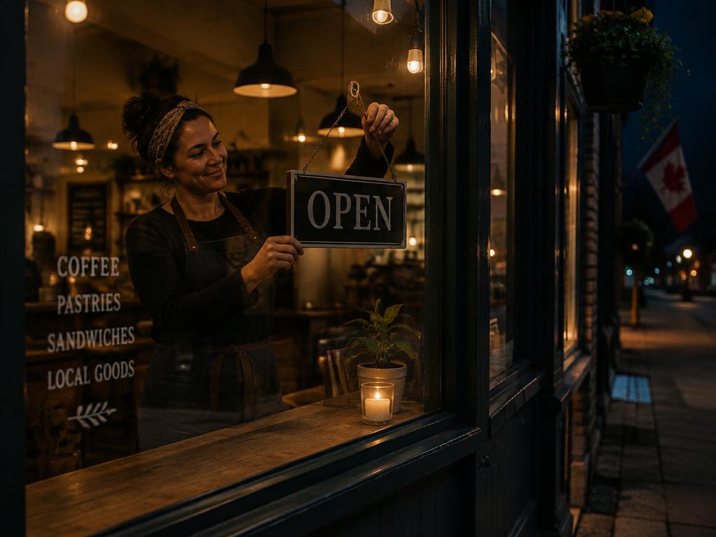 A cafe owner flipping an open sign