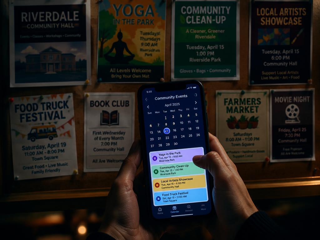 A phone showing a community events calendar